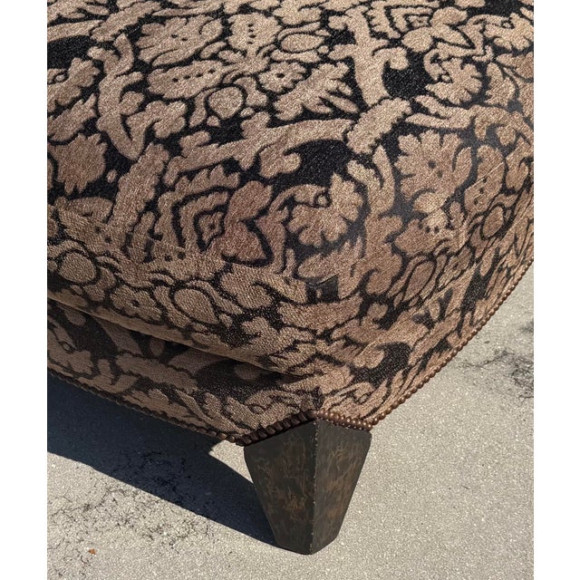 Brown Vintage Square Damask Ottoman With Hand-Painted Faceted Feet & Nailhead Trim For Sale - Image 8 of 11