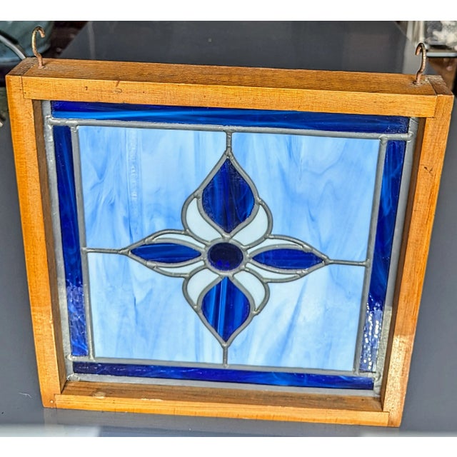 '80s Victorian Style Stained Glass Panel in Wood Frame For Sale - Image 4 of 5