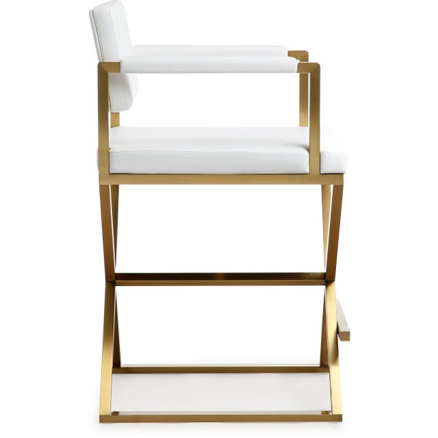 Transitional Director White Vegan Leather & Gold Steel Counter Stool For Sale - Image 3 of 10
