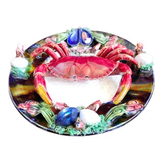 Posh Mark Salted Baked Crab Crustacean Holiday Platter Majolica Trompe l'Oeil of Mid 20th Century For Sale