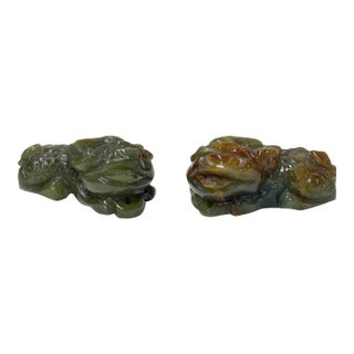 Pair Natural Jade Stone Green Brown Pixiu Fengshui Fortune Pendants Figures For Sale
