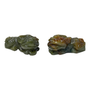 Pair Natural Jade Stone Green Brown Pixiu Fengshui Fortune Pendants Figures