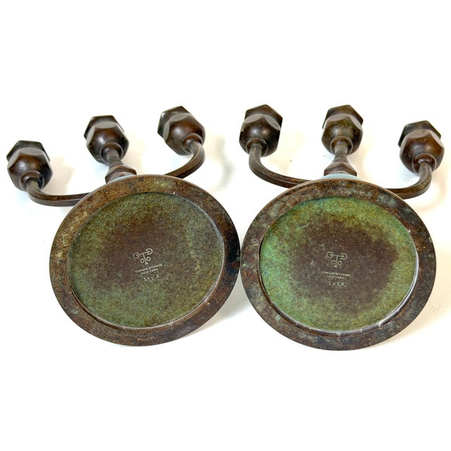 Pair Tiffany Studios No. 1312 Patinated Bronze & Blue Favrile Glass Candelabra For Sale - Image 15 of 16