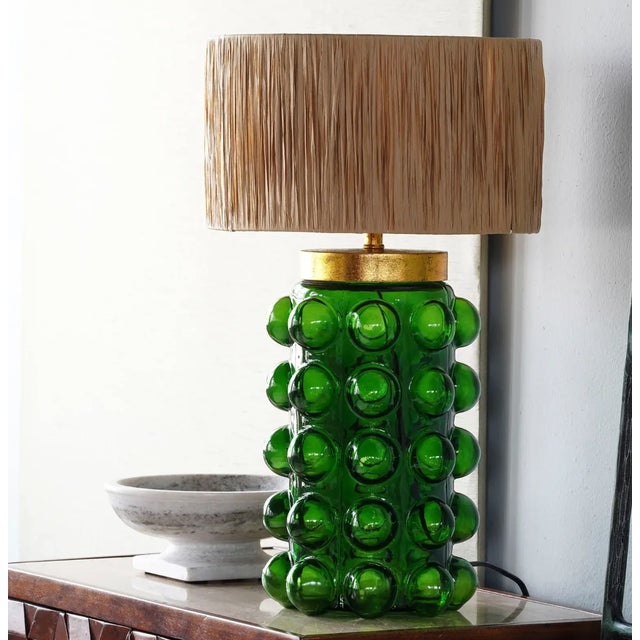 Contemporary Matthew Izzo Home Retro Bubbles Emerald Green Table Lamp With Raffia Weave Shade For Sale - Image 3 of 3