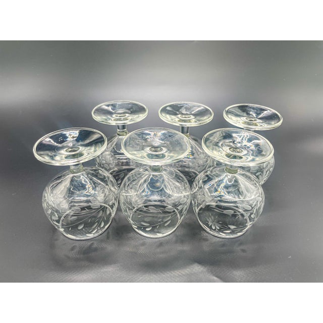 Vintage Etched Floral Crystal Brandy Snifters Set of 6 For Sale In New York - Image 6 of 12