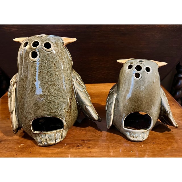 Ceramic Vintage Japanese Mottled Glazed Stoneware Owl Candle Lanterns, 1970s, Set of 2 For Sale - Image 7 of 11