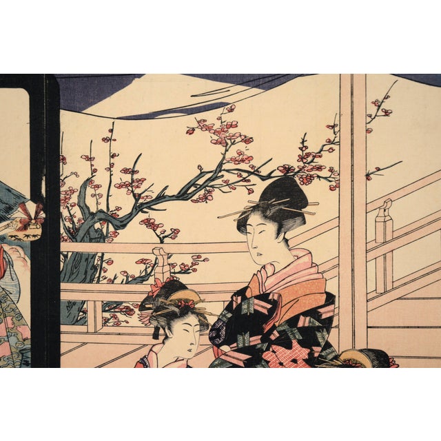 "Toy Horse Dance" Japanese Woodblock Triptych With Beauties and Mt Fuji by Utagawa Toyohiro For Sale In Monterey, CA - Image 6 of 10