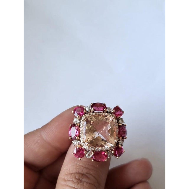Set in 18k Gold, Natural Morganite, Rubellite & Rose Cut Diamonds Cocktail Ring, Size 6 For Sale - Image 4 of 6