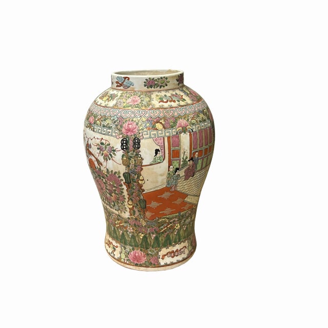 Chinese Oriental Porcelain People Scenery Flowers Round Fat Vase For Sale - Image 4 of 5