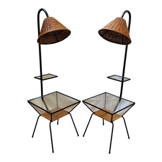 Vintage 1950s French Rattan Lamps With Tables - a Pair For Sale