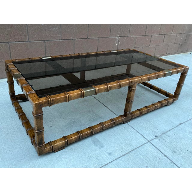 Mid 20th Century Drexel Faux Bamboo Brass & Smoked Glass In-Set Coffee Table For Sale - Image 13 of 13