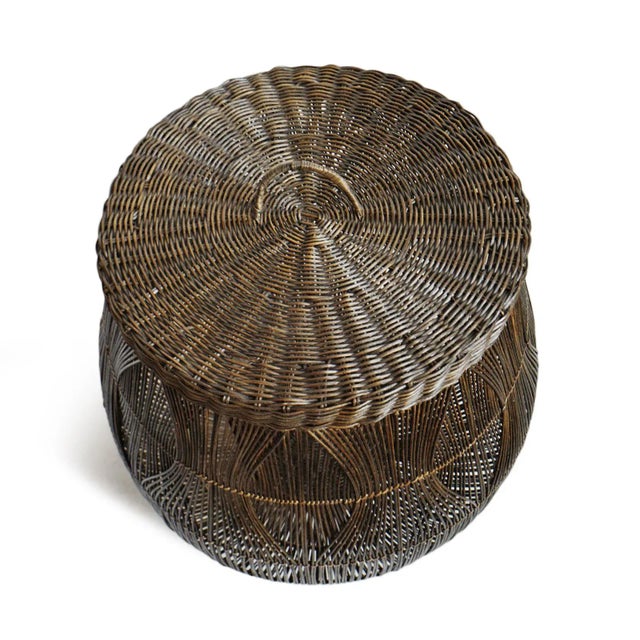 Contemporary Large Coffee Stained Vintage Rattan Basket For Sale - Image 3 of 8