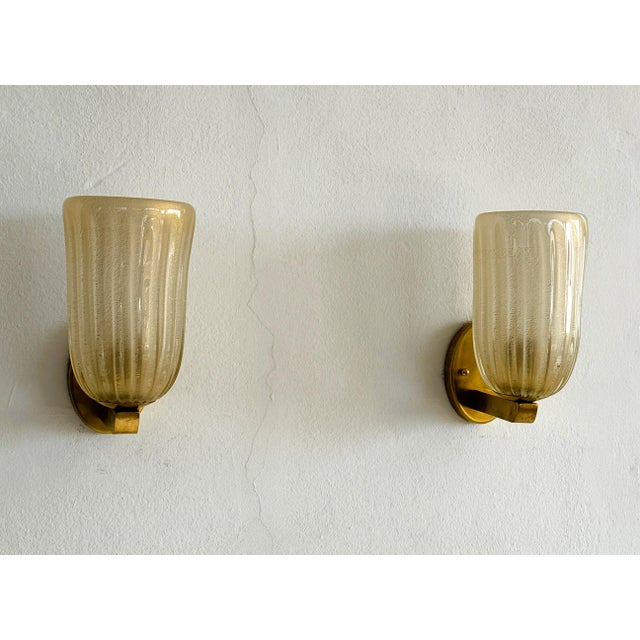 Large Italian Art Deco Style Murano Glass and Brass Wall Lights, 1990s, Set of 2 For Sale - Image 3 of 17