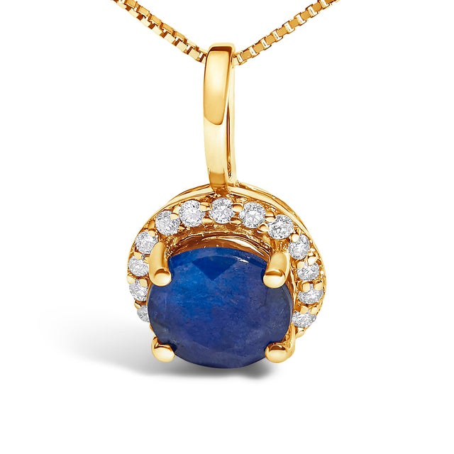 Contemporary 10K Yellow Gold Blue Sapphire and 1/10 Cttw Diamond Accent Halo Pendant Necklace For Sale - Image 3 of 5