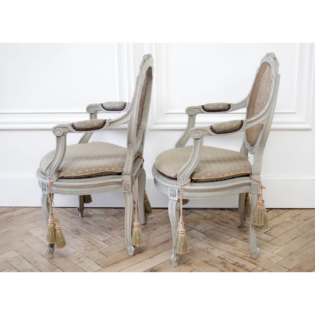 19th Century Painted Sheild Back Ribbon Carved Cane Open Armchairs For Sale - Image 4 of 13