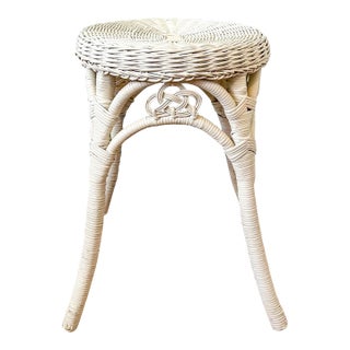 Mid-20th Century White Painted Rattan Stool With Woven Seat – Coastal / Palm Beach Style For Sale
