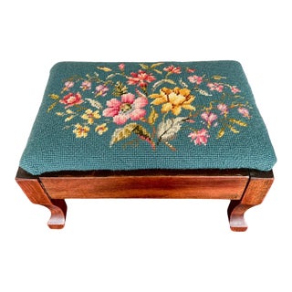 1980s Vintage Handmade Victorian Needlepoint Footstool For Sale