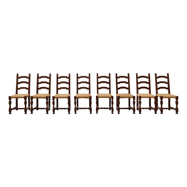 Mid-Century Brutalist Chairs in Wood and Wicker, Belgium, 1970s, Set of 8 For Sale