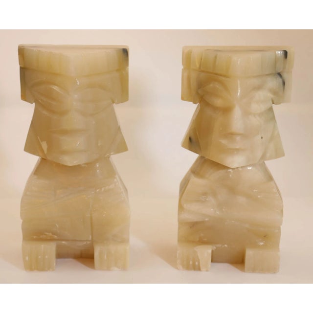 Tribal Vintage Carved Mexican Aztec Mayan Figure Onyx Stone Bookends 1950s For Sale - Image 3 of 12
