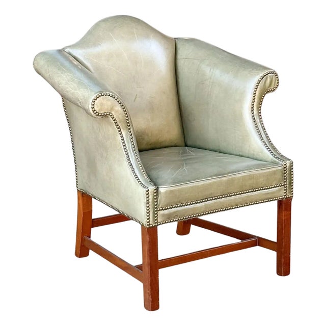 English Wing Back Chair of Upholstered Leather and Walnut For Sale