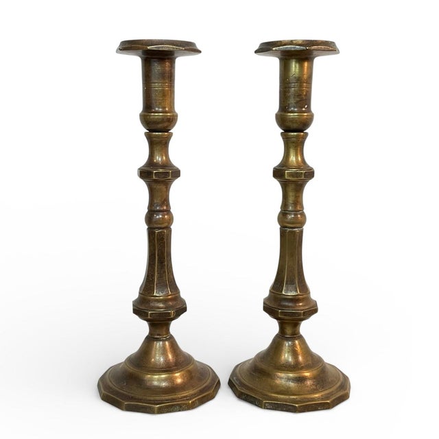 Antique Brass Candlesticks With Patina 15” - A Pair For Sale - Image 9 of 13
