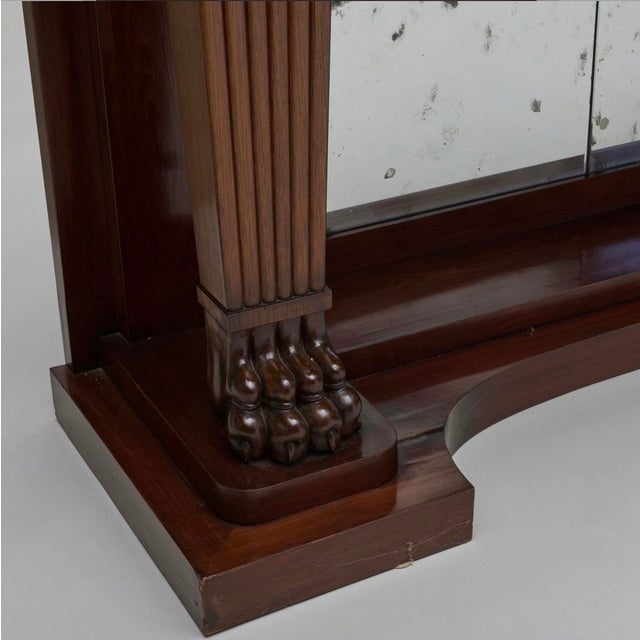 Duncan Phyfe Pair, Monumental Neoclassical Carved, Mirrored Back & Marble Top Console Tables For Sale - Image 4 of 11