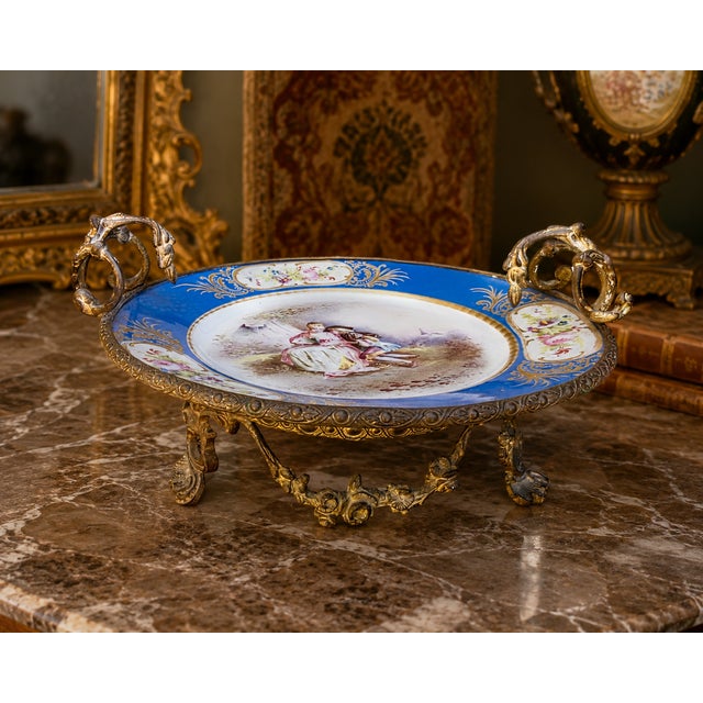 Blue Antique French Hand-Painted Porcelain Centerpiece Bowl With Bronze Ormolu Stand & Cobalt Blue Border For Sale - Image 8 of 10