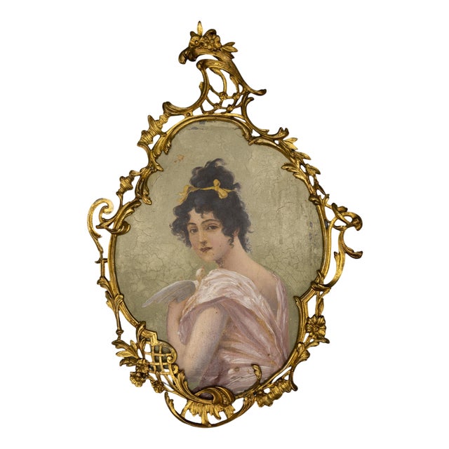 French Art Nouveau Painted Portrait in a Louis XV Style Bronze Frame, 1900s For Sale