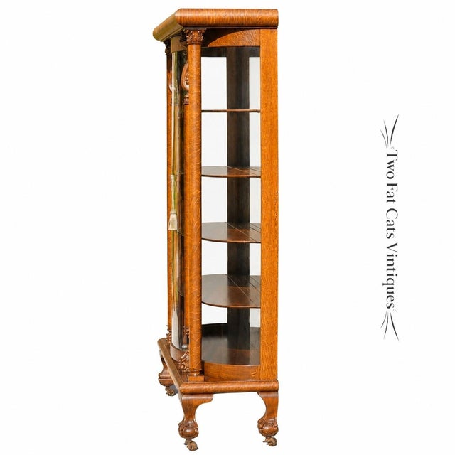 Antique 1900 American Oak Triple Curved Glass China Cabinet | Carved Lion Head & Claw Foot | Bow- Front China Cabinet For Sale - Image 4 of 12