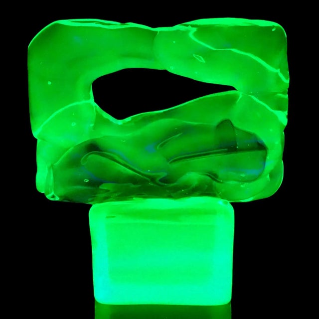 Beautiful vintage Murano hand blown vaseline yellow green with aqua green paint stroke Italian art glass sculpture on...