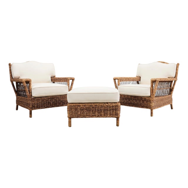 Pair of Ralph Lauren Organic Wicker Rope Armchairs + Ottoman For Sale