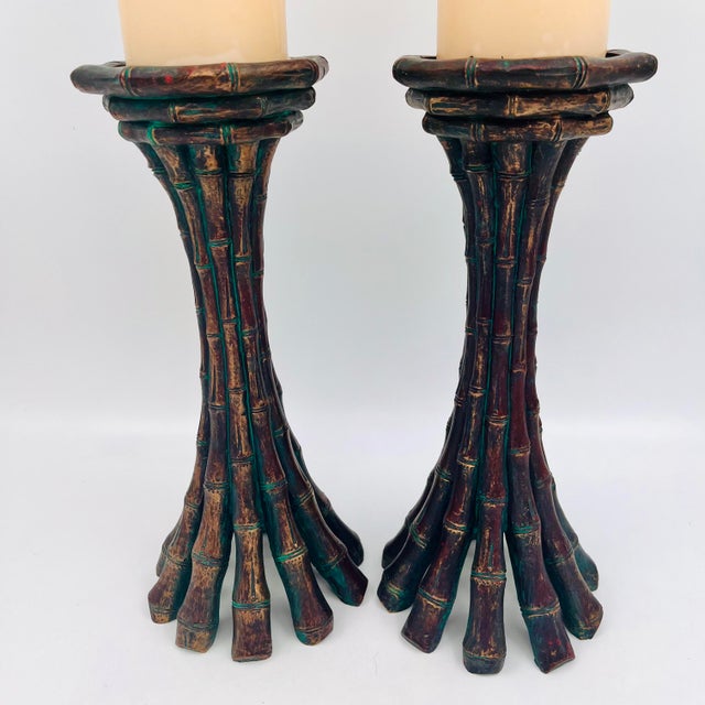 Vintage Faux Bamboo Bronze Metal Pillar Candleholders 12"h - A Pair For Sale - Image 15 of 16