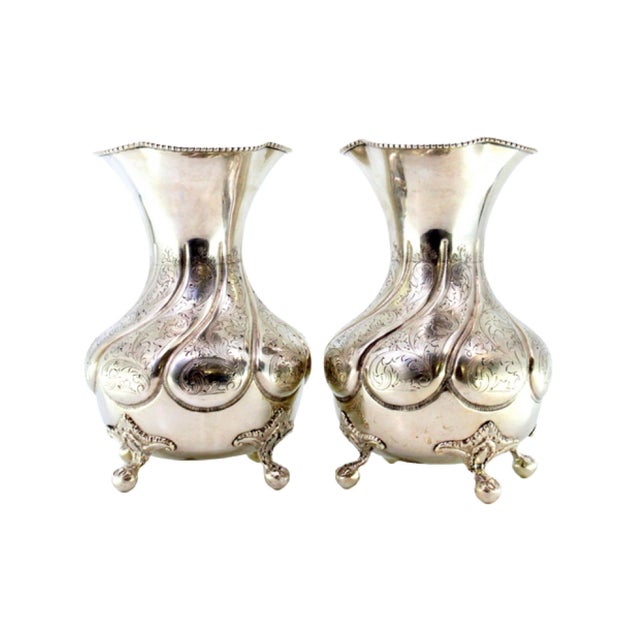Silver Silver Vases with Engraved Plant Elements, Frieze Edges, Palmettes and Claw-Shaped Feet, Set of 2 For Sale - Image 8 of 8