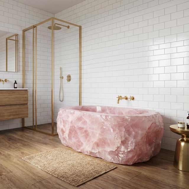 Pink Luxury Natural Rose Quartz Freestanding Bathtub, Handcrafted Pink Crystal Stone Soaking Tub For Sale - Image 8 of 9