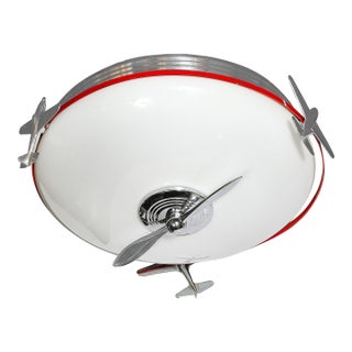 Art Deco Machine Age Milk Glass & Chrome Airplane Flush Mount For Sale