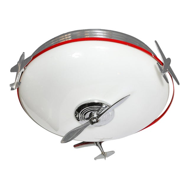 Art Deco Machine Age Milk Glass & Chrome Airplane Flush Mount For Sale