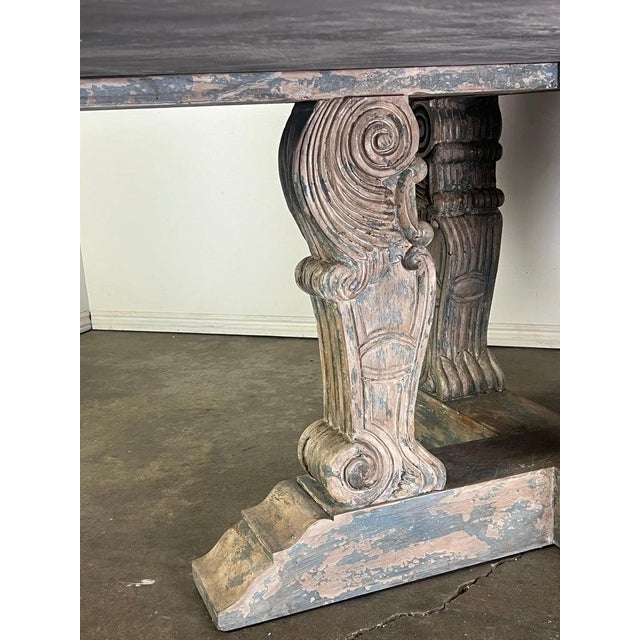 Wood Monumental Round Dining Table, Distressed Neoclassical Style For Sale - Image 7 of 18
