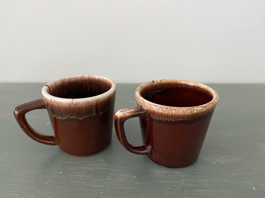 Vintage Brown Drip Glaze Pottery Mugs- Set of 2 | Chairish