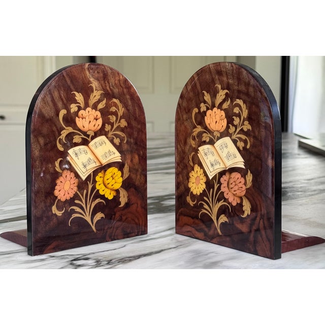 Rustic European Italian Floral Inlay Music Book Motif Book Ends - A Pair Made in Italy For Sale - Image 3 of 9
