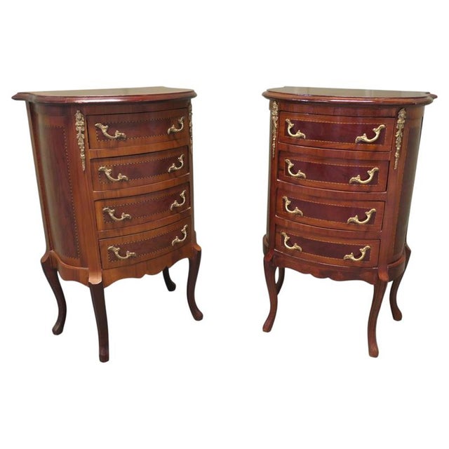 Brown French Louis XV Style Bow Front Bedside Chests of Drawers, 1920, Set of 2 For Sale - Image 8 of 8