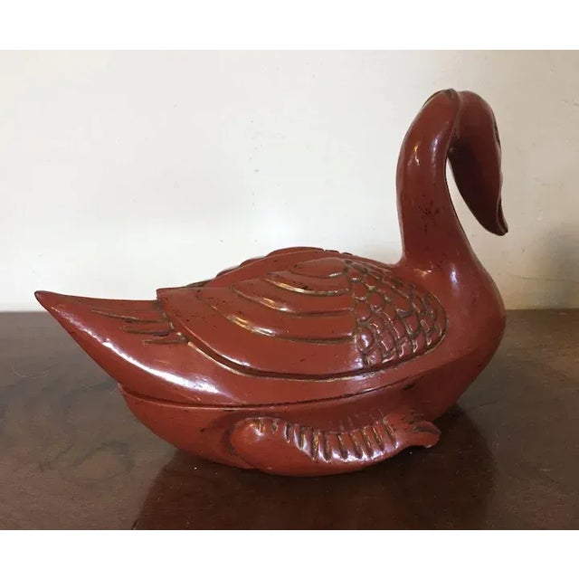 Antique Chinese Red Orange Lacquer Carved Wood Duck Goose Box For Sale - Image 4 of 11