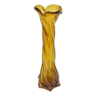 Vintage Amber Murano Glass Vase with Twisted Workmanship and Bullicante Glass, 1960s For Sale