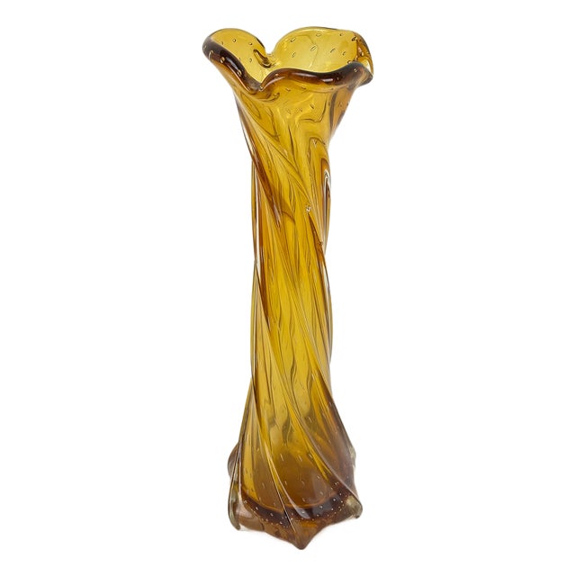 Vintage Amber Murano Glass Vase with Twisted Workmanship and Bullicante Glass, 1960s For Sale