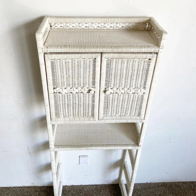 Boho Chic Boho Chic White Rattan and Wicker Bathroom Storage Etagere For Sale - Image 3 of 11