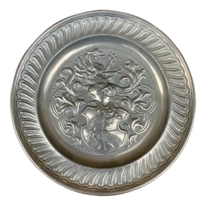 Vintage European Coat of Arms Heraldry Pewter Wall Plate