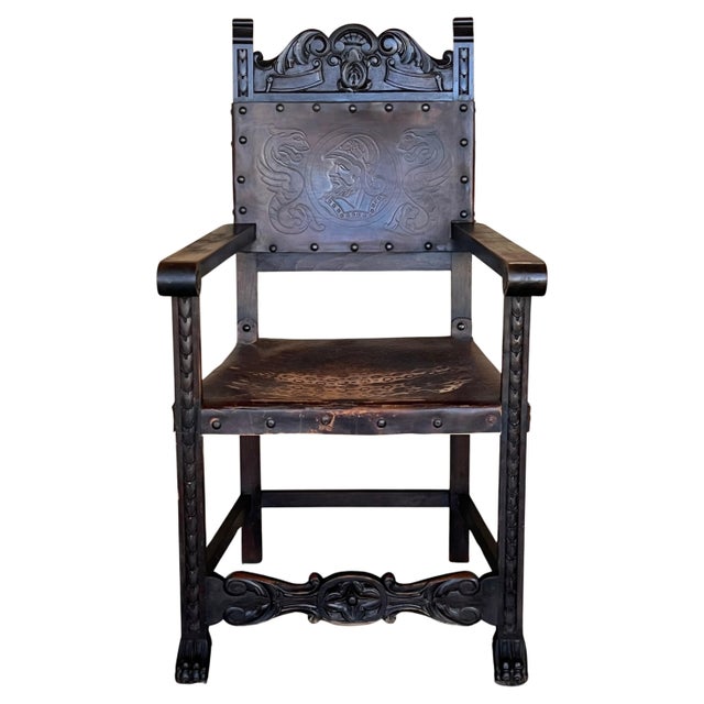 19th Spanish Carved Walnut Armchair with New Black Leather and Solomonic Columns For Sale - Image 15 of 18