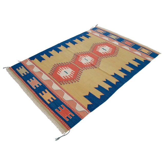 Turkish Rug Hand-Woven Oushak Kilim Rug Vintage but Unused Home Decor - 4'1" X 5'8" For Sale - Image 4 of 12