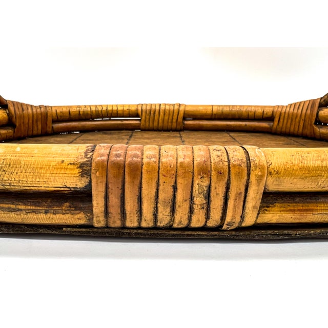 Tan Mid Century Boho Woven Rattan & Bamboo Tray With Handles For Sale - Image 8 of 10