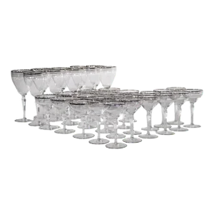 Large Set of 33 Silver Band Stemware Wine, Water, Champagne Glasses After Dorothy Thorpe C 1950’s