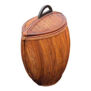 Vintage Pencil Reed Rattan Oval Lidded Basket, Coastal Organic Modern Floor Hamper For Sale